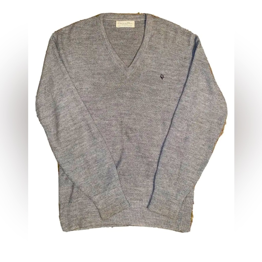Vintage Christian Dior Monsieur V-Neck Sweater Grey Size Large Made In USA